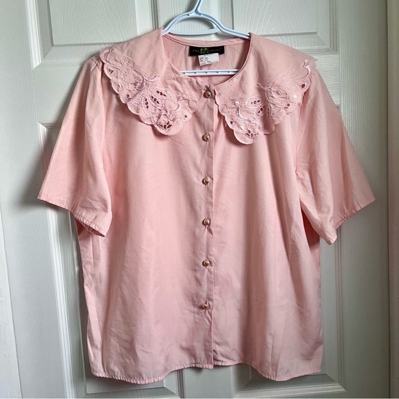 Two Roads Tops - Vintage embroidered pink blouse collar padded shoulder Women Large lolita doll